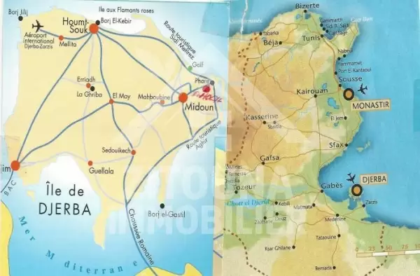 A vendre une villa Typique à Jerba sur la route touristique Elkantara-Aghir, à 500 m de la plus belle plage « Lalla-Hadria » de Djerba, en face du musée « Djerba Explore ».